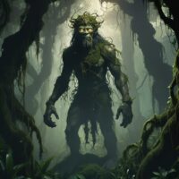 Mythical figure of Arapayan standing tall beneath a green forest canopy.