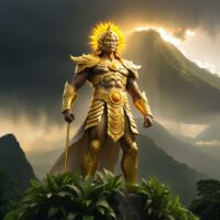 Radiant depiction of Aring Sinukuan, the Sun God, standing over mountains with sunlight streaming behind.