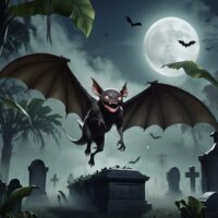 Dark fantasy illustration of Bal-Bal hovering near a coffin in a misty graveyard.