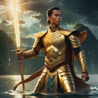 Fantasy-style AI artwork of Bantugan standing on a cliffside, sword in hand and golden light reflecting off his ornate garments.
