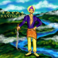 Art of Bantugan in a dramatic battle stance, surrounded by stylized waves and wind, symbolizing his epic journey.