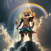 Fantasy-style illustration of Barangaw holding a staff made of light, casting a rainbow across the sky.