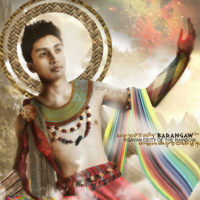 Photo of an actor dressed as Barangaw, God of the Rainbow, wearing colorful robes and dramatic lighting to evoke divine presence.