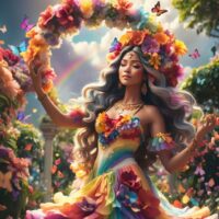 Modern digital artwork of Bighari in a vibrant field of wildflowers, with butterflies and flowing garments blending into the blooms.