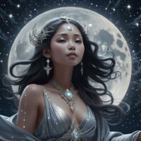 AI-generated artwork of Buan, the moon goddess glowing under a night sky
