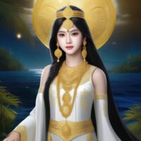 Illustration of Buan, the moon goddess adorned with golden jewels