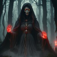 Mythical image of Hukluban with piercing eyes, amid a desolate landscape.