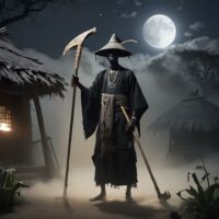 Mythical image of Ku, death deity surrounded by shadows and ominous aura.