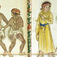 Traditional drawing of Kaptan from a mythology book, with sharp features and tribal ornaments.