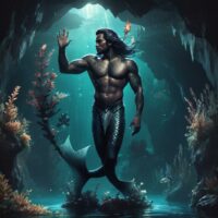 Muscular merman Mambubuno in a dynamic wrestling pose.