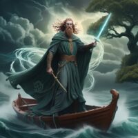 Mythological depiction of Manann&aacute;n Mac Lir surrounded by ocean waves and mist.