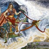 Artistic painting of Manann&aacute;n Mac Lir emerging from the sea under a stormy sky