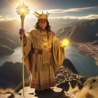 Illustration of Manco C&aacute;pac in traditional Incan attire, surrounded by symbols of civilization and the Andes.