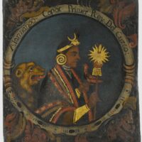 Modern artwork of Manco C&aacute;pac depicted as a cultural hero, blending historic and artistic elements.