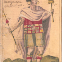 Traditional representation of Manco C&aacute;pac wearing Incan royal garments and holding a sacred staff.