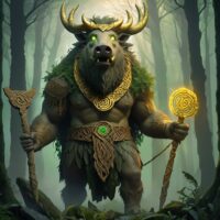 Depiction of Moccus in armor adorned with boar motifs, holding a spear and surrounded by symbols of strength and protection.