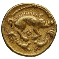Ancient coin featuring the image of a boar and the profile of Moccus, symbolizing strength and fertility.