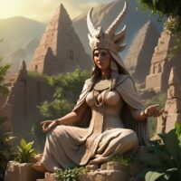 Divine portrayal of Ninhursag seated amidst nature, embodying the essence of creation and life.