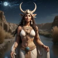 Ninlil hovering above desert plains, her hair and robe lifted by invisible winds, with storm clouds forming in the sky.