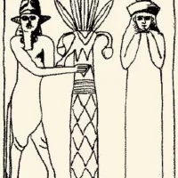 Drawing of Ninlil standing beside Enki, both depicted with traditional Mesopotamian features and symbolic elements.