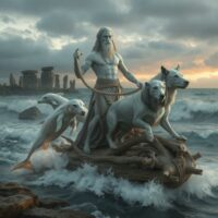 AI image of Nodens surrounded by swirling waters and glowing sea creatures.