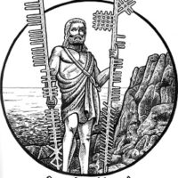 Traditional Sketch of Ogma holding sticks resembling early Ogham symbols.
