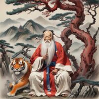 Depiction of Sanshin a revered deity in Korean mythology surrounded by nature and mountain scenery