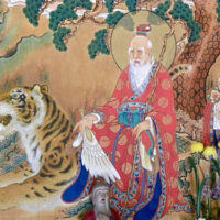 Traditional painting of Sanshin, the mountain god, embodying spiritual protection and natural power