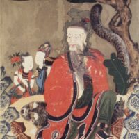 Artwork of Sanshin the mountain spirit often shown with a white bearded sage and a tiger companion