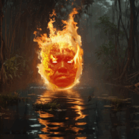 Santelmo The Fireball Spirit glowing with bright orange and red flames against a dark night background.