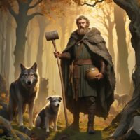 Fantasy-style illustration of Sucellus walking through golden fields, accompanied by a loyal dog.