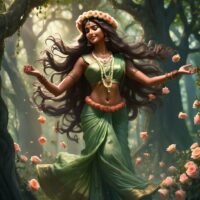 The radiant Indian forest goddess Aranyani with long flowing hair and a wreath of flowers, clothed in roses and green sari, dancing gracefully among ancient trees.