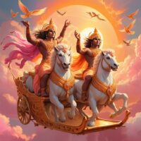 Ashvins from Indian mythology riding a golden chariot across the dawn sky.