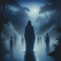 Badadum standing at the mouth of a misty river at twilight, surrounded by ghostly silhouettes of a gathered family. The figure is cloaked in flowing robes that blend into the water, with glowing eyes and an ethereal aura.