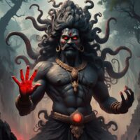 Bhasmasura from Indian mythology&mdash;depicted as a towering ash-covered demon with glowing red eyes, tribal ornaments, and a raised hand in a destructive mudra.