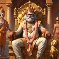 A regal portrait of King Dasharatha from Indian mythology, seated on a golden throne in the palace of Ayodhya.