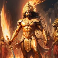 Dhrishtadyumna, a radiant warrior from Indian Mythology emerging from a sacrificial fire, wearing golden armor