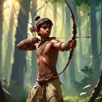 Eklavya from Indian mythology: a young tribal prince in forest attire