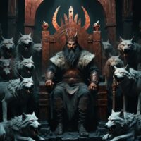 Mythlok - Erlik Khan Erlik Khan, the Turkic god of death, seated on a copper throne in a dark underworld palace, surrounded by wolves