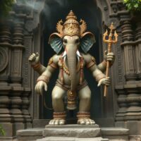 Gaja Simha, a mythological hybrid with the muscular body of a lion and the head of an elephant, adorned with temple jewelry and standing guard at the entrance of an ancient Indian temple.