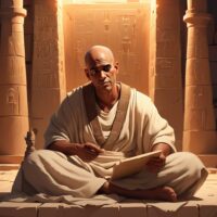 Imhotep sitting inside an Egyptian temple