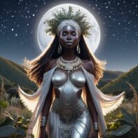 Mythlok - Inyanga an ethereal depiction of Inyanga, the Zulu moon goddess. She appears as a radiant woman cloaked in silver light, standing beneath a starry African sky.