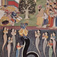 A traditional style Painting of Krishna dancing on the head of Kaliya Naag