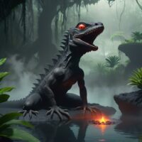 Mythlok - Mo'o A colossal black-scaled Moʻo Lizard spirit emerging from a sacred Hawaiian pond