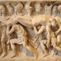 Greek goddess Oizys in marble wall carving