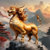 A majestic Qilin standing on a cloud-covered mountain peak at sunrise.