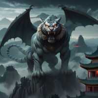 Mythlok - Qiong Qi The fearsome mythological beast Qiong Qi with the body of a tiger, face of a human, and large bat-like wings, standing atop a misty mountain.