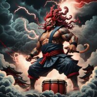 Mythlok - Raijin Raijin, the Japanese thunder god, standing on storm clouds with red skin, wild hair, and surrounded by taiko drums.