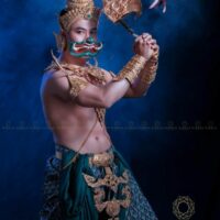 An actor doing cosplay of the Cambodian Thunder god Ream Eyso