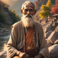 Rishi Gautama seated in a forest hermitage